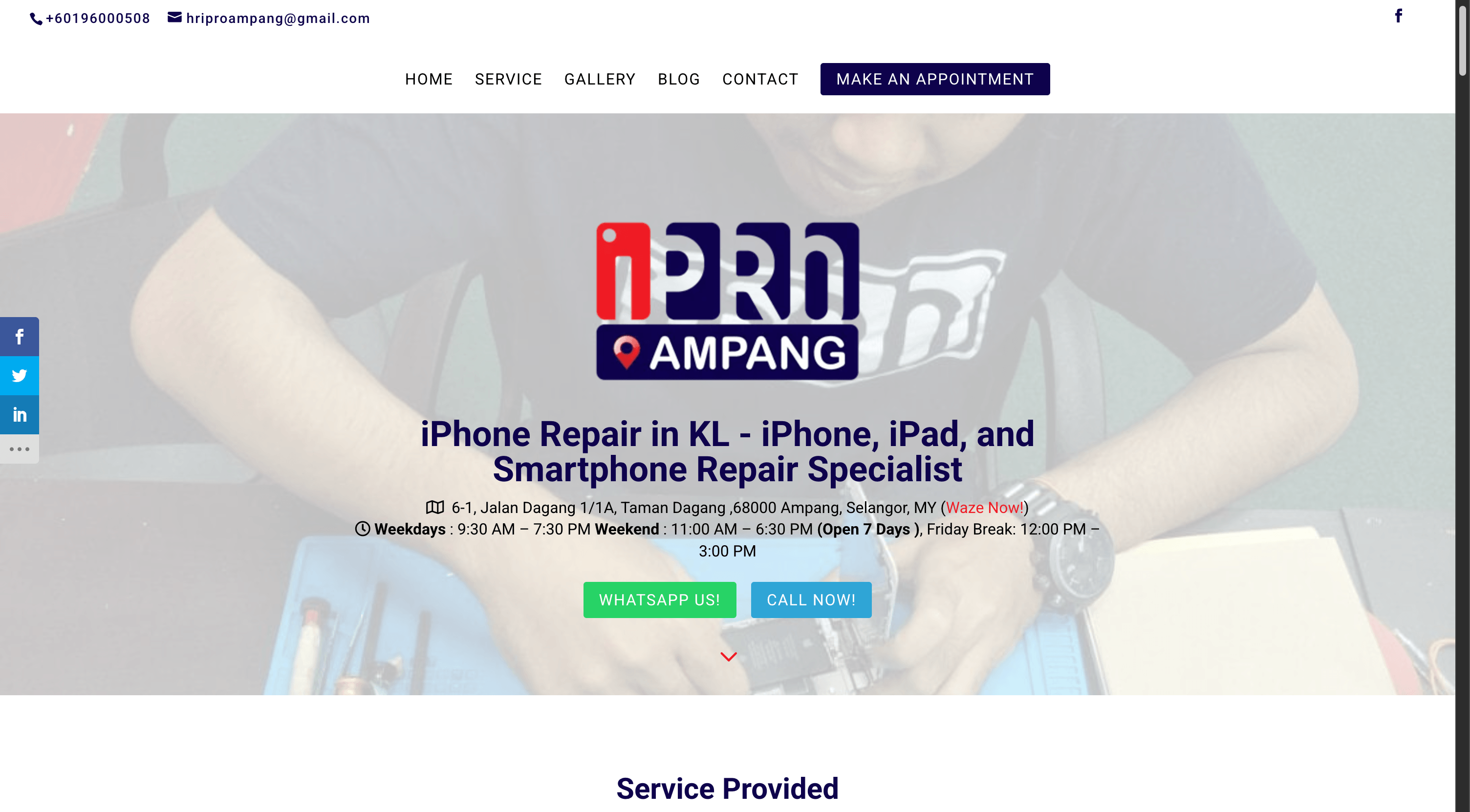 Screenshot of iPro Ampang Apple device repair WordPress business site